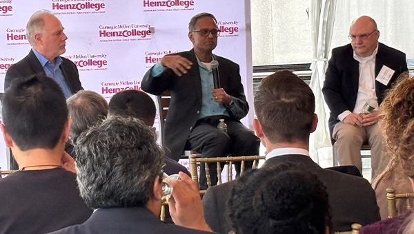 Ramayya Krishnan, Steve Wray, Karl Maschino at a panel discussion for Heinz alumni in Washington, D.C.