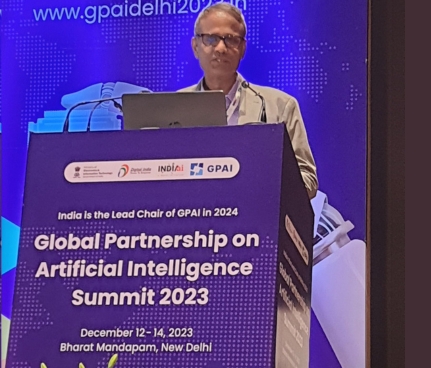 Dean Krishnan delivers keynote talkat the GPAI Summit 2023 in New Delhi