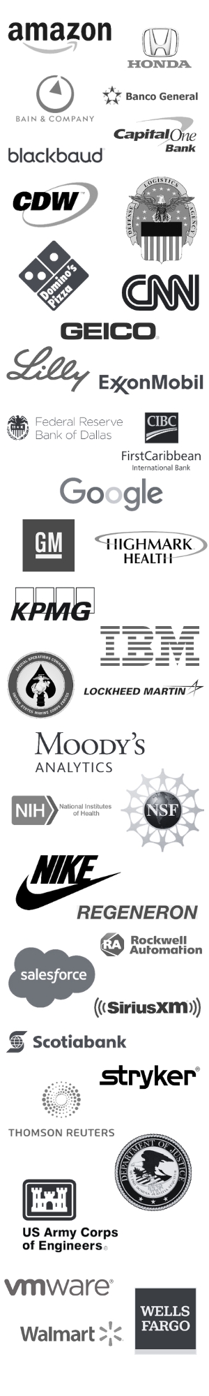 List of company logos including: Ansys, American Express, AWE, Boeing, Chevron, CapitalOne, Coca Cola, CISCO, Dell Technologies, the College Board, U.S. Department of Justice, U.S. Department of Energy, U.S. Department of Homeland Security, Discover, U.S. Department of Defense, FBI, EY, Google, GE, IBM, Microsoft, Netflix, Oracle, Panasonic, PWC, Salesforce, U.S. Air Force, U.S. Postal Service, United, Visa, Walmart, Wells Fargo and more.