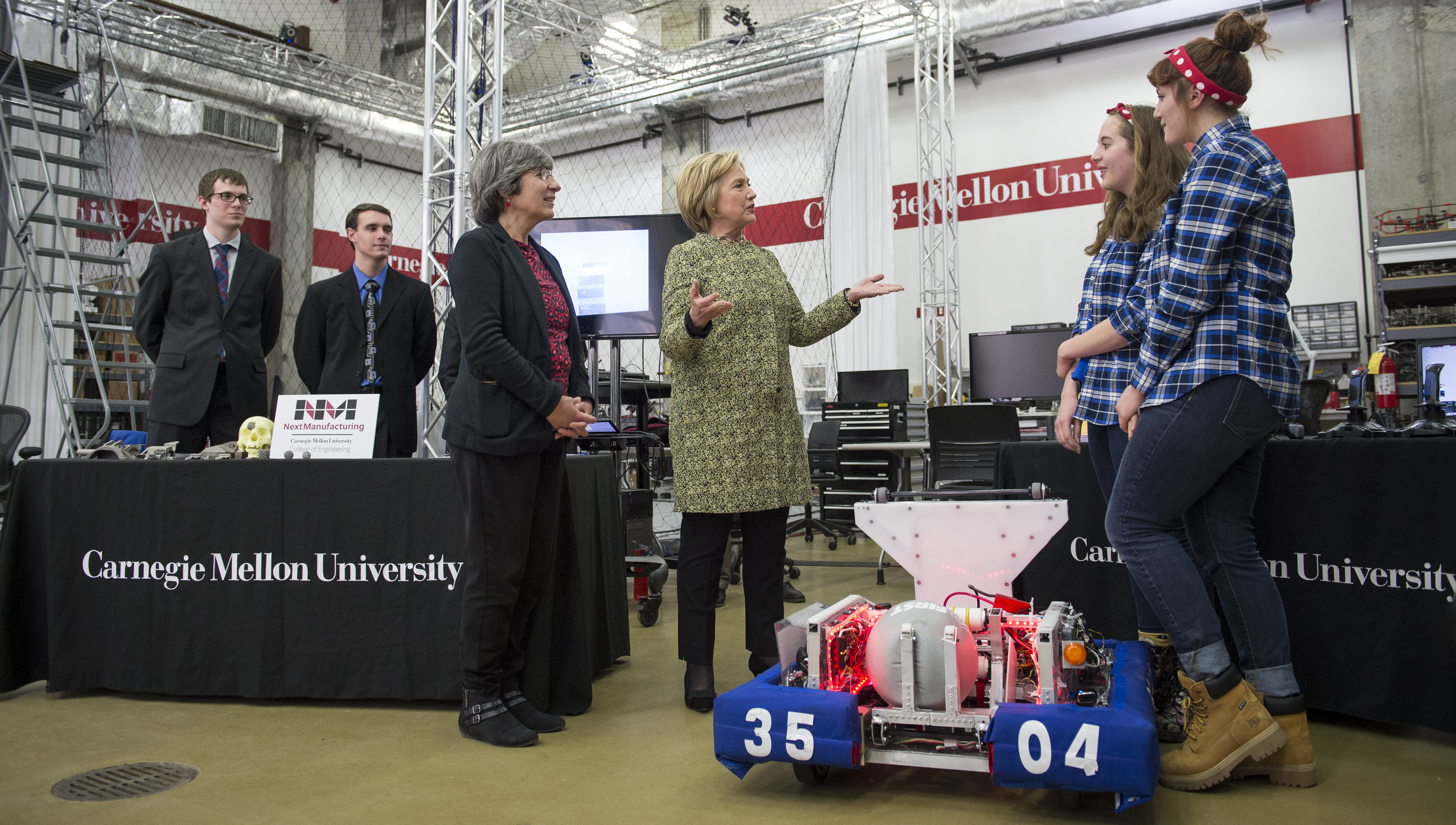 Hillary Rodham Clinton speaking to Carnegie Mellon students at the CMU Robotics Institute