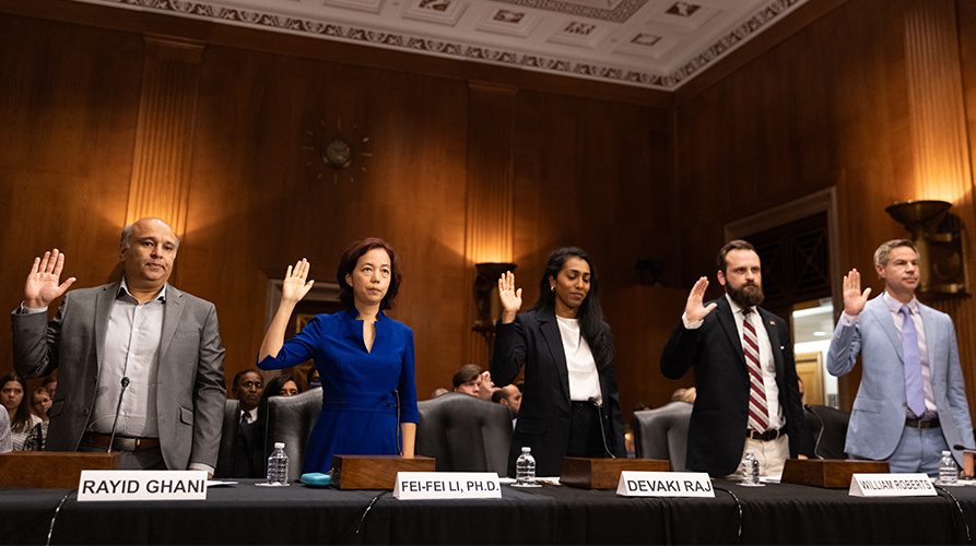 From left, witnesses Rayid Ghani, Fei-Fei Li, Devaki Raj, William Roberts and Michael Shellenberger are sworn in at the start of the hearing.