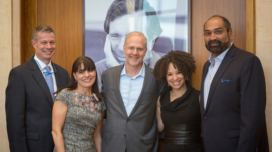 Picture of Pittsburgh civic leaders Ian Stewart, Anne Lewis, Grant Oliphant, Kiya Tomlin, and Franco Harris