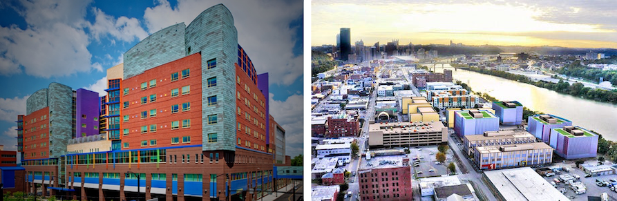 images of Pittsburgh's Childrens Hospital and the Strip District neighborhood