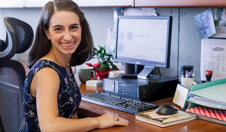 Christine Sajewski at her desk at Pittsburgh Ballet Theater