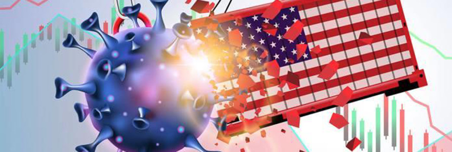 An image of the US flag smashing into a virus like a wrecking ball