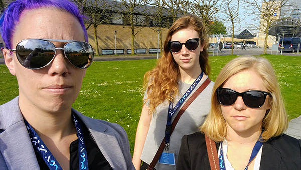 Students wearing sunglasses during a visit to Denmark