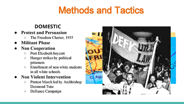 image of a powerpoint slide depicting methods and tactics used by the anti-apartheid movement
