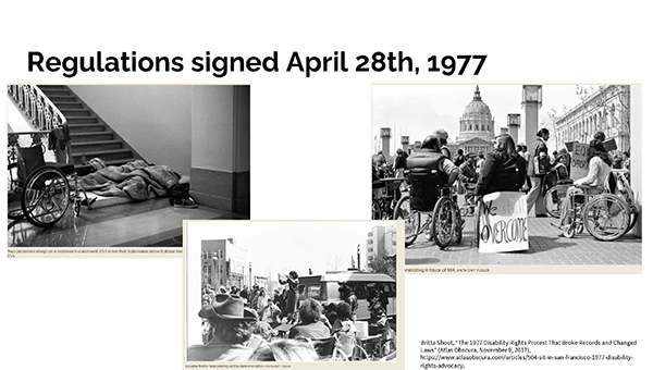 Series of photos depicting legislative progress in the disability rights movement