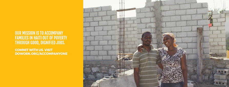Social banner from WORK, showing two people standing at the site of a damaged structure with their arms around each other