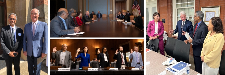 Photo collage featuring Dean Krishnan and Senator Bob Casey, faculty meeting with members of the New Democrat Coalition, Rayid Ghani and other panelists being sworn in for Senate testimony, and Dean Krishnan and other policy school deans meeting with President Bill Clinton